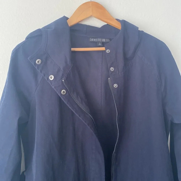 Lafayette 148 sz L navy cotton jacket snap and zip front with belt hooded EUC - Picture 3 of 5